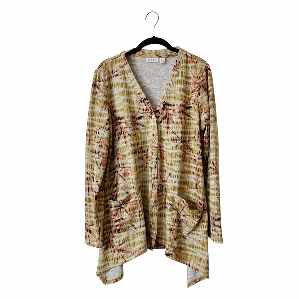 LOGO Lori Goldstein Cardigan Women's Size M Green Brown Floral Dip Hem Duster
